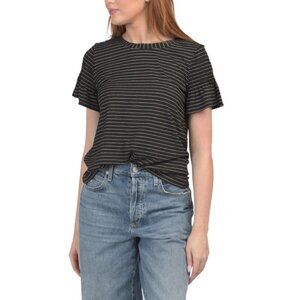 MODERN WORKS Black/ivory Short Sleeve Tee With Shoulder Detail